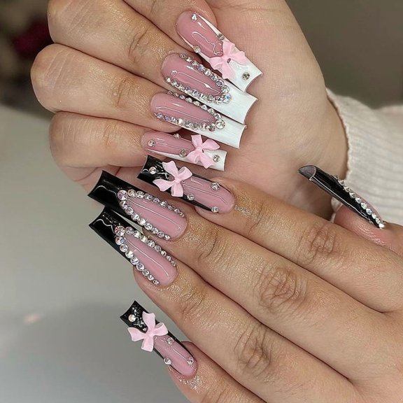 Yoyauz Coffin Pressed Nails Fake French Nails Full Coverage Acrylic Fake Nails for Ladies & Girls 24PCS