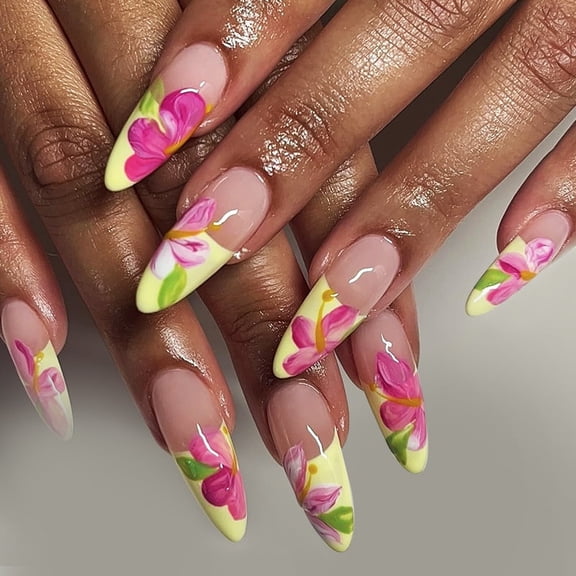 Yoyauz Coffin Pressed Nails Fake French Nails Full Coverage Acrylic Fake Nails for Ladies & Girls 24PCS