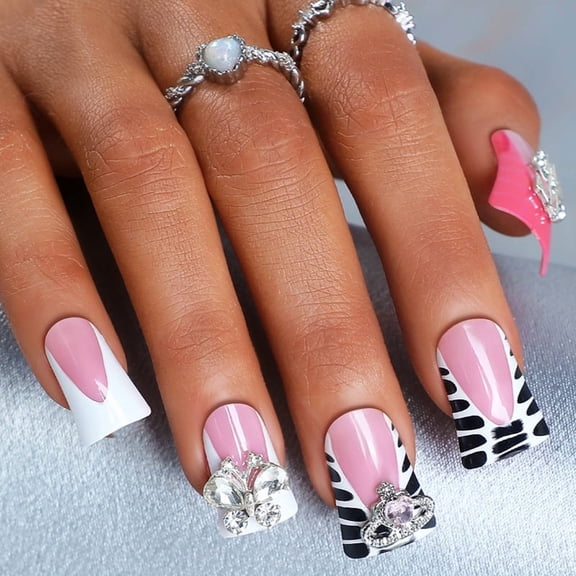 Yoyauz Coffin Pressed Nails Fake French Nails Full Coverage Acrylic Fake Nails for Ladies & Girls 24PCS