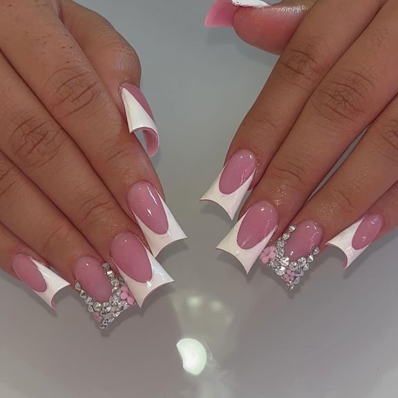 Yoyauz Coffin Pressed Nails Fake French Nails Full Coverage Acrylic Fake Nails for Ladies & Girls 24PCS