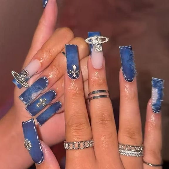 Yoyauz Coffin Pressed Nails Fake French Nails Full Coverage Acrylic Fake Nails for Ladies & Girls 24PCS