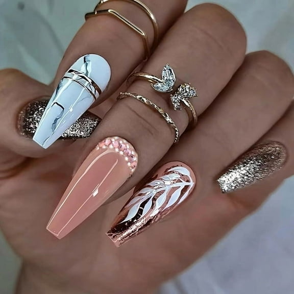 Yoyauz Coffin Pressed Nails Fake French Nails Full Coverage Acrylic Fake Nails for Ladies & Girls 24PCS