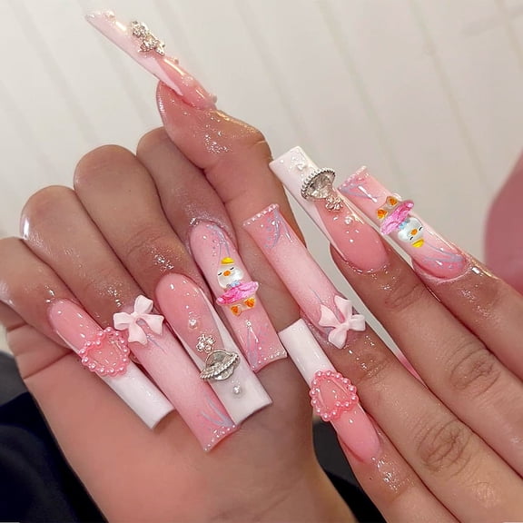 Yoyauz Coffin Pressed Nails Fake French Nails Full Coverage Acrylic Fake Nails for Ladies & Girls 24PCS