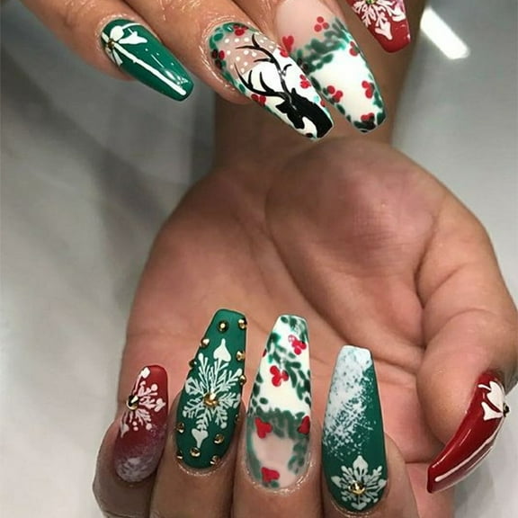 Yoyauz Coffin Pressed Nails Fake French Nails Full Coverage Acrylic Fake Nails for Ladies & GirlsChristmas