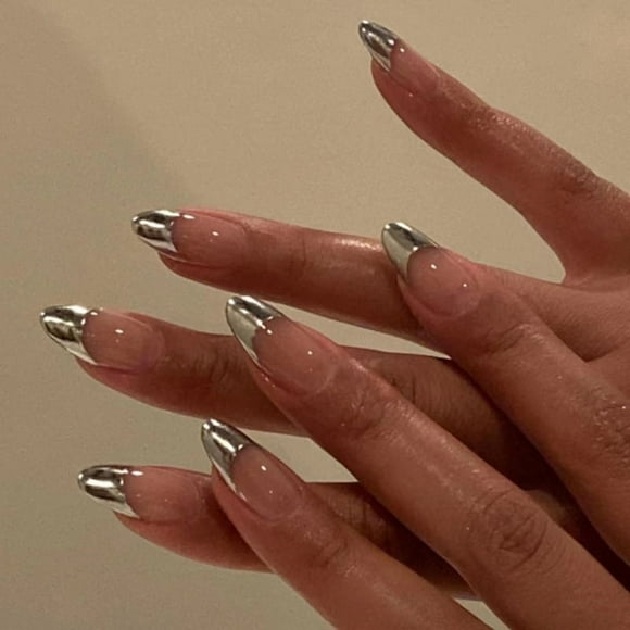 Yoyauz Coffin Pressed Nails Long Fake French Nails Full Coverage Acrylic Fake Nails For Ladies and Girls 24PCSLong silver edge