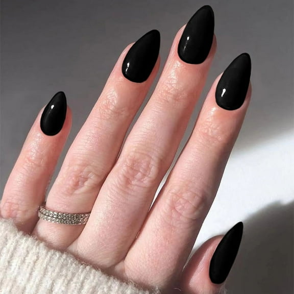 Yoyauz Coffin Pressed Nails Long Fake French Nails Full Coverage Acrylic Fake Nails For Ladies and Girls 30PCSAlmond-shaped black