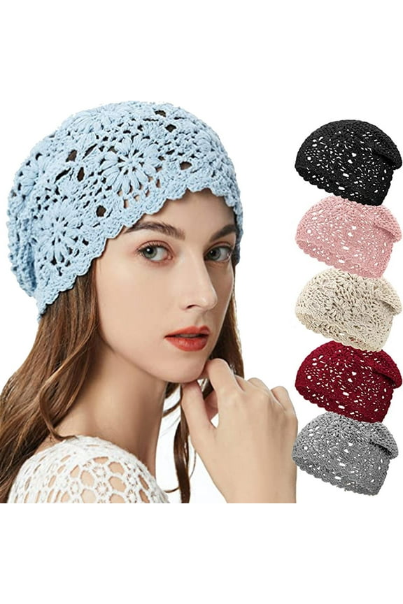 Crochet Slouchy Beanie Hat Fall Handmade Knit Floral Skull Cap Cotton Cutout Summer Hats for Women Lightweight Knitted