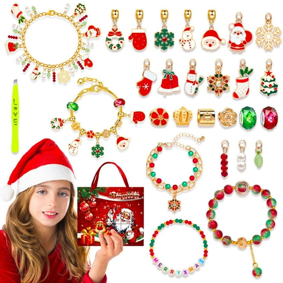 Yoyauz DIY Kids Jewelry Making Kit, Santa Claus, Snowman, Christmas Tree, Red & Green Glazed Beads Crafts Gift Set, Charm Girl Toys 4 5 6 7 8 9 10 11 12 Year Old Girls Birthday Christmas Gifts