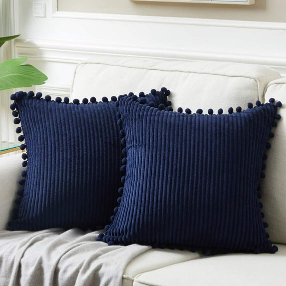 Yoyauz Fancy Corduroy Fall Decorative Throw Pillow Covers with Pom-poms, Solid Square Cushion Case Pillow Cases Set for Couch Sofa Bedroom Car Living Room