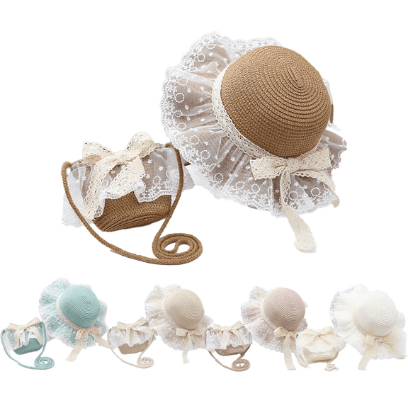 Yoyauz Girl's Summer Hat And Bag Set, Wide Brimmed Hat, Sunny Beach Hat With Straw Woven Shoulder Bag
