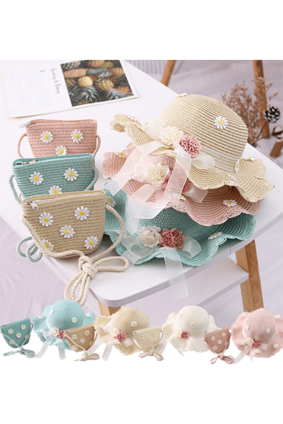 Girls Straw Hat and Purse Set Tea Party Summer Beach Sunflower Daisy Flower Sunhats