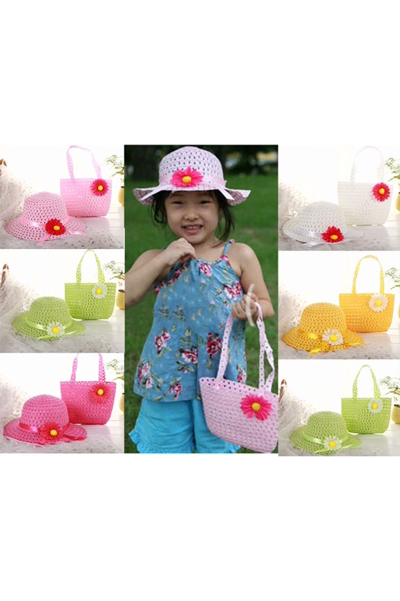 Girls Straw Sun Hat and Purse Sets Kids Child Birthdays Easter Party Summer Beach Cap Travel Gift