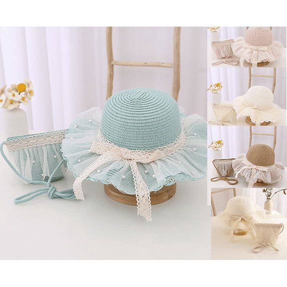 Yoyauz Girls Sun Hat Strap Shoulder Bag Set Big Brim Lace Beach Hat Turf Wallet Beach Bag Cute Flowers Summer Beach Hat