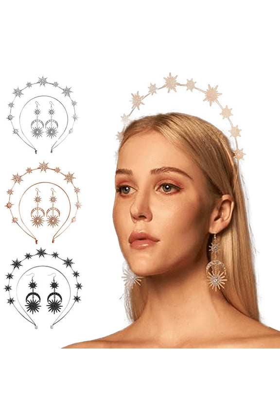 Halo Crown - Star Crystal Goddess Headband Earrings Mary Metal Halo Headpiece Celestial Crown Headpiece Ladies Bridal Wedding Outfit Cosplay Party Goddess Accessories
