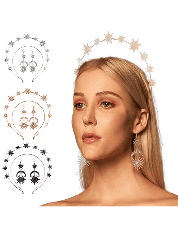 Halo Crown - Star Crystal Goddess Headband Earrings Mary Metal Halo Headpiece Celestial Crown Headpiece Ladies Bridal Wedding Outfit Cosplay Party Goddess Accessories