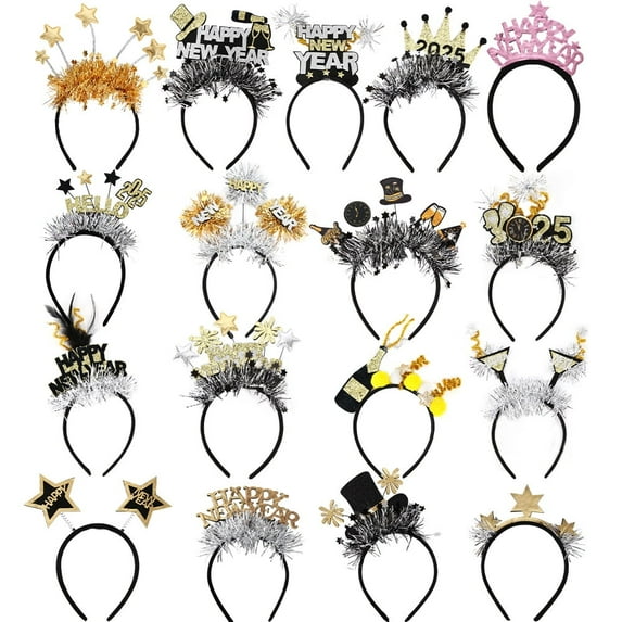 Yoyauz Happy New Year Headband 2025 Women, Black And Gold Glitter Headband for New Year Party Supplies, Adults and Children