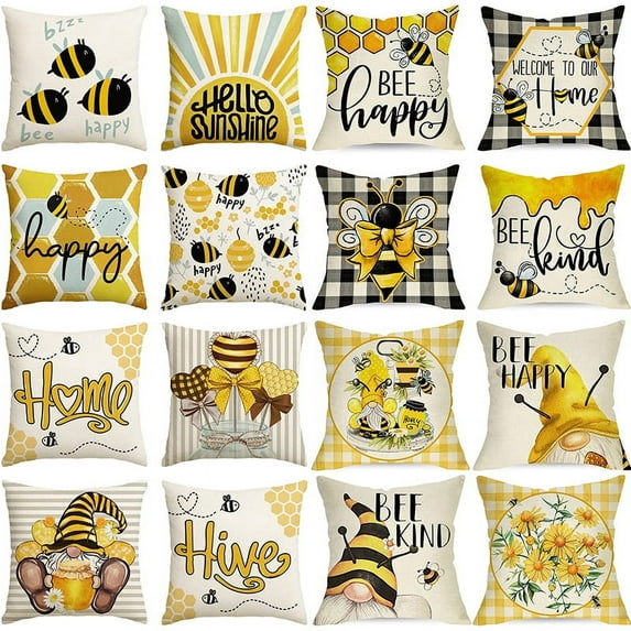 Yoyauz Honeybee Festival Sunflower Linen Pillow Cover 18 "x 18" Home Sofa Decoration Pillow Cover Cushion Cover