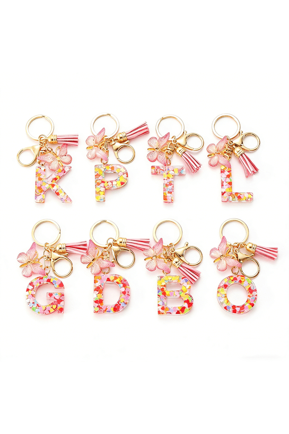 Initial Letter Keychain Resin Letter Key Ring Pink Tassel Butterfly Keychain Key Ring Pendant