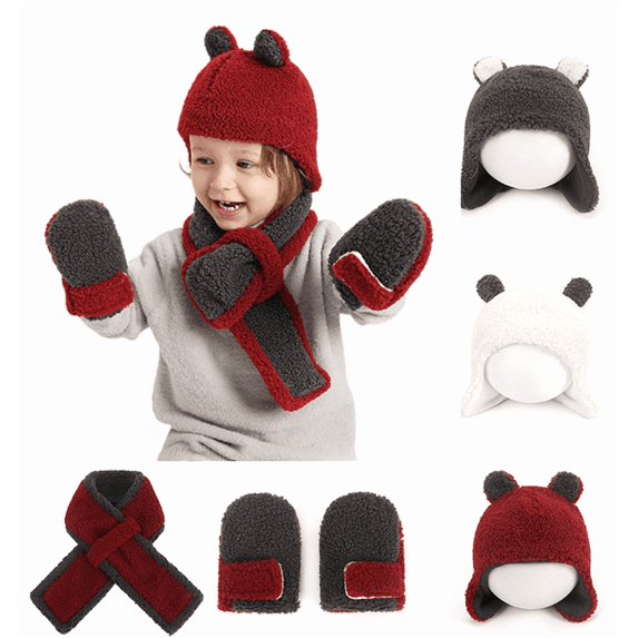 Yoyauz Kids Winter Hat Scarf Mittens Set - 3pcs Warm Knit Beanie Cap and Circle Scarf and Gloves with Fleece Lining for Children Girls -