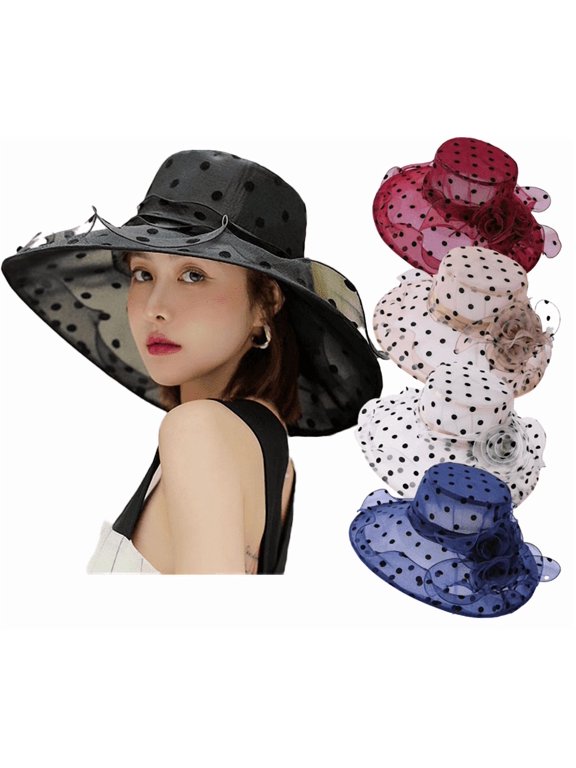 Lace Floral Design Dot Breathable Wide Brim Cap for Womens Sunscreen Visor Wild Fashion Tea Party Cap Organza Church Derby Hat