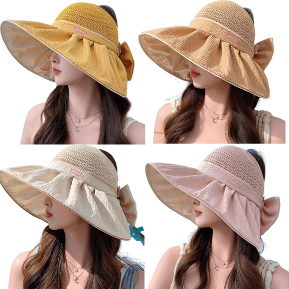 Yoyauz Ladies' Sun Hat, Wide Edged Grass Woven Beach Hat, Ladies' Ponytail Hat, Foldable Floppy Disk