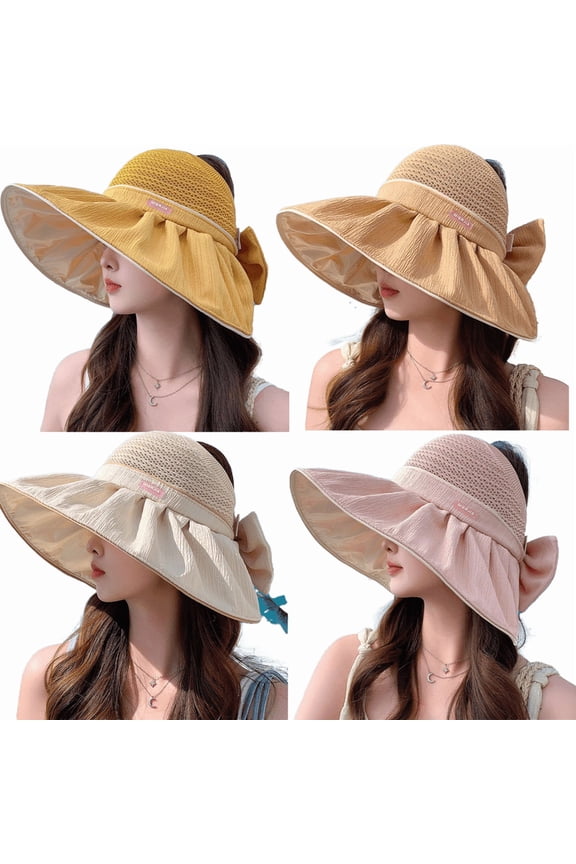 Ladies' Sun Hat, Wide Edged Grass Woven Beach Hat, Ladies' Ponytail Hat, Foldable Floppy Disk