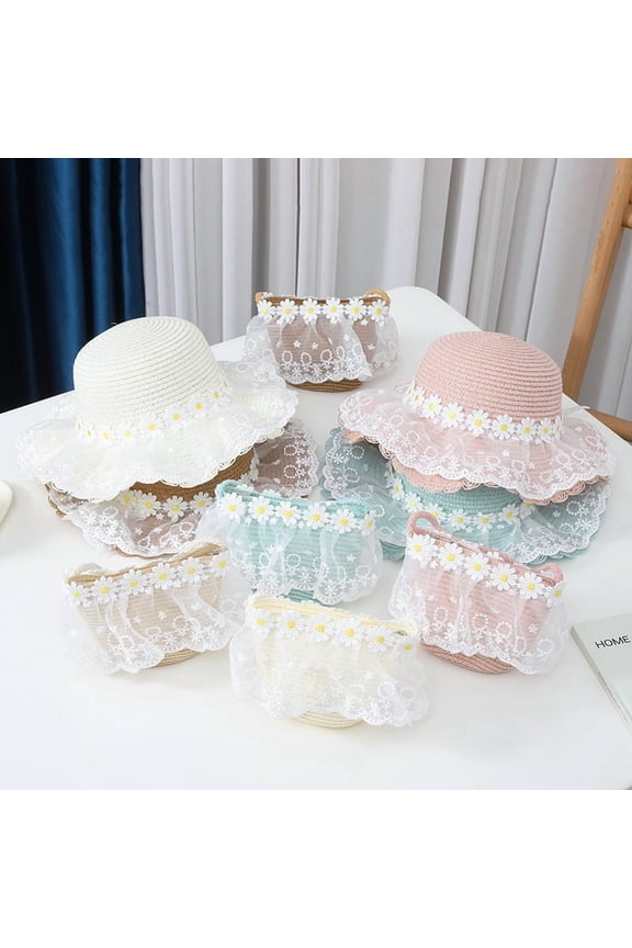 Little Girl Straw Hat Mini Bag Set, Summer UV Protection Soft Sun Hat Bucket Hat With Crossbody Bag Wallet