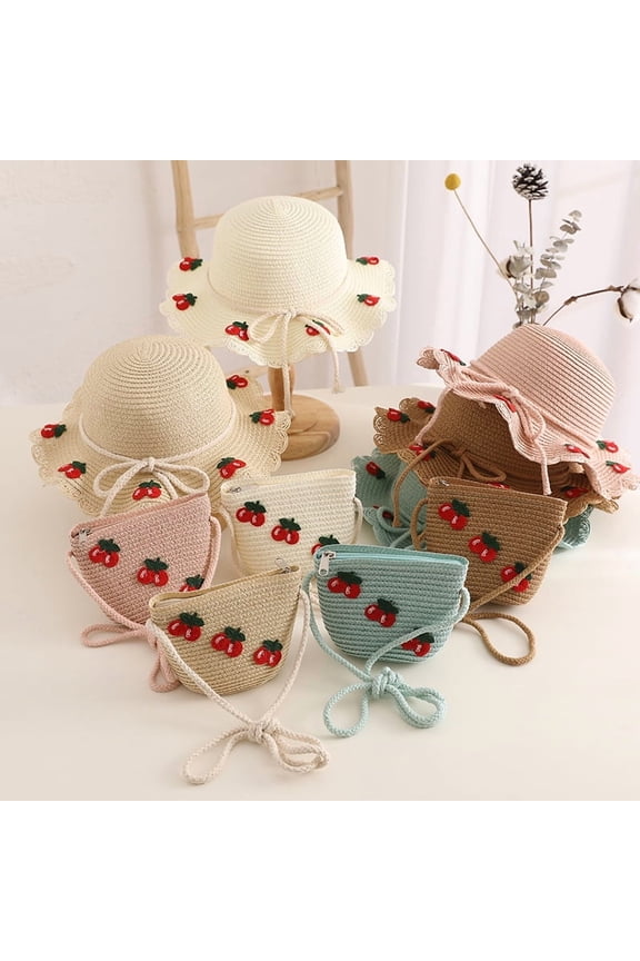 Little Girl Straw Hat Mini Bag Set, Summer UV Protection Soft Sun Hat Bucket Hat With Crossbody Bag Wallet