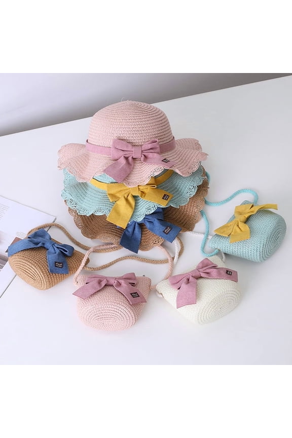 Little Girl Straw Hat Mini Bag Set, Summer UV Protection Soft Sun Hat Bucket Hat With Crossbody Bag Wallet