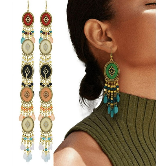 Yoyauz Long Beaded Tassel Earrings Bohemian Native Tassel Earrings Handmade Seed Beads Tribal Pendant Earrings Bohemian Multicolor Crystal Beaded Tassel Earrings Women's Women