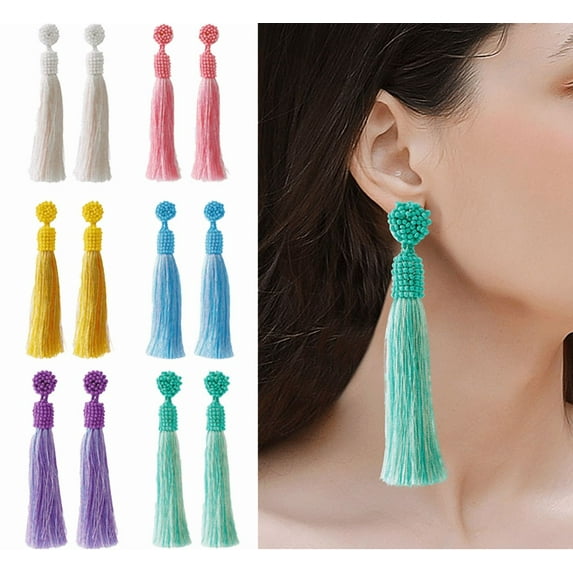 Yoyauz Long Native Beaded Earrings, Large Bohemian Seed Bead Tassel Drop Earrings