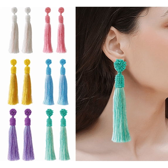 Yoyauz Long Native Beaded Earrings, Large Bohemian Seed Bead Tassel Drop Earrings
