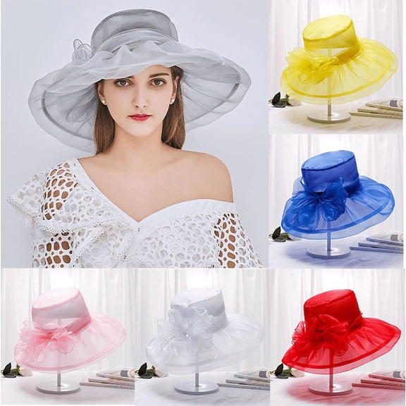 Yoyauz Organza Big Brim Ladies Flower Shade Sun Protection Hat Summer Breathable Bow Pot Hat