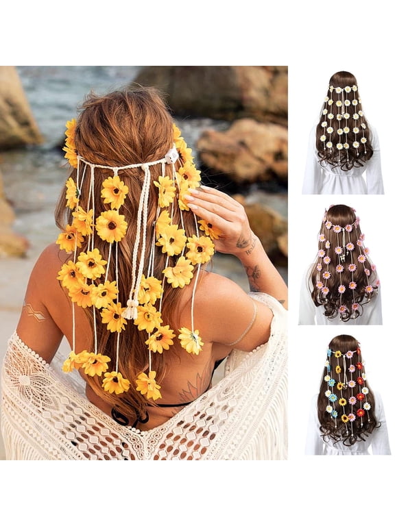 Sunflower Hippie Headband Floral Crown Summer Sunflower Hair Accessories for 70 s Bohemian Costumes Style