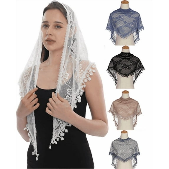 Yoyauz Triangle Lace Mantilla Veil Tulle Scarf Shawl Covering Church Veil for Mass Wedding Bridesmaids