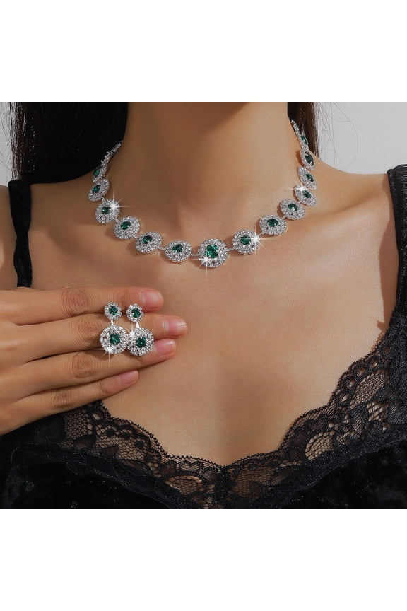 Wedding Bridal Jewelry Set, Cubic Zirconia Necklace Pendant Earrings Set, Round Bridesmaid Wedding Prom Jewelry Set