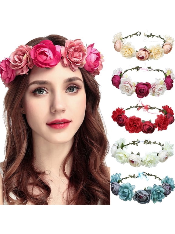 Women Rose Floral Crown Hair Wreath Leave Flower Headband with Adjustable Ribbon