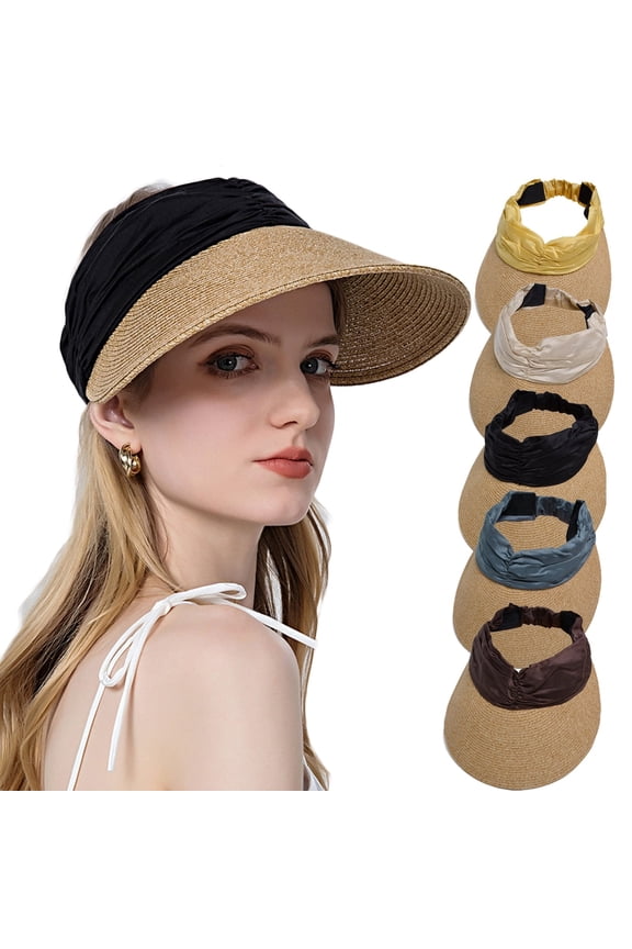 Women Straw Sun Visor, Wide Brim UPF 50+ UV Protection hat, Adjustable Roll UP Ponytail Cap, Foldable Packable Beach Hat