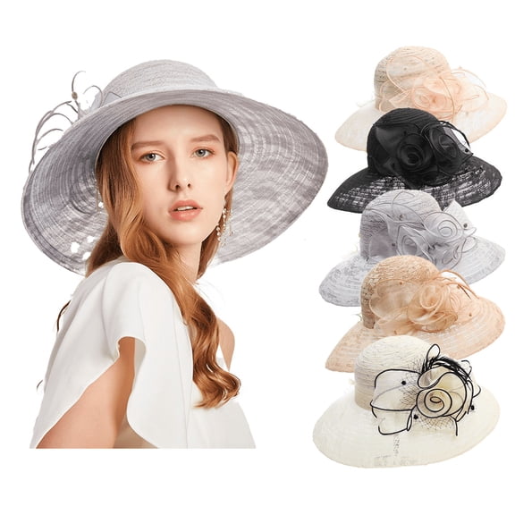 Yoyauz Women Sun Hat with Mesh Flower Decoration Wide Brim Hat Occasion Event Organza Fancy Church Dress Hat