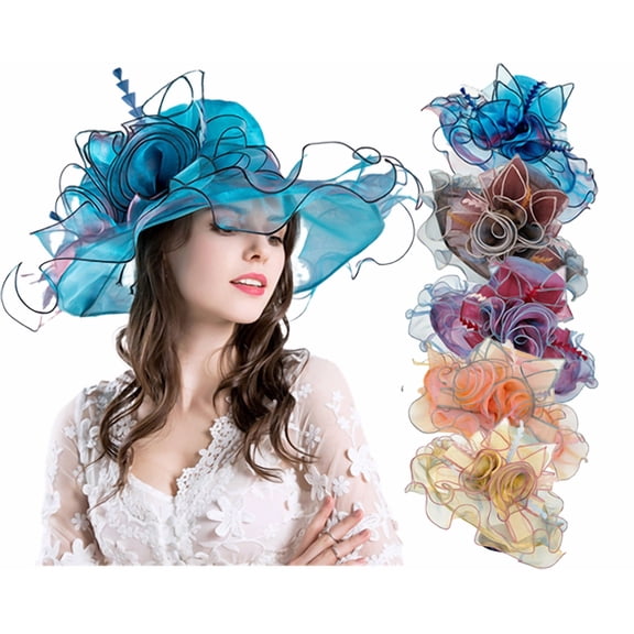 Yoyauz Women Sun Hat with Mesh Flower Decoration Wide Brim Hat Occasion Event Organza Fancy Church Dress Hat
