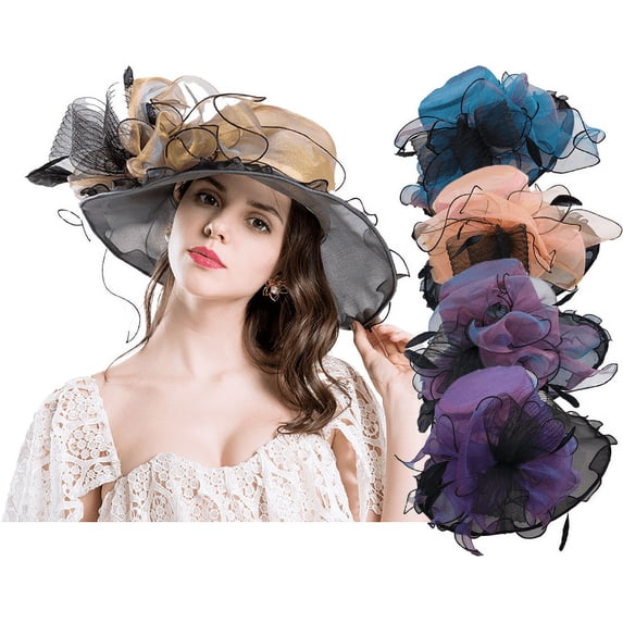 Yoyauz Women Sun Hat with Mesh Flower Decoration Wide Brim Hat Occasion Event Organza Fancy Church Dress Hat