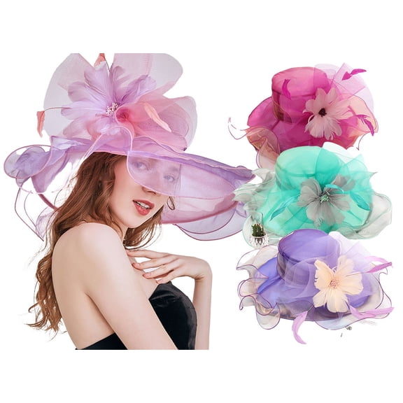 Yoyauz Women Sun Hat with Mesh Flower Decoration Wide Brim Hat Occasion Event Organza Fancy Church Dress Hat