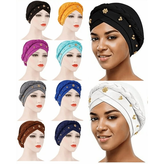 Yoyauz Women Turban Cap Beaded Headscarf Hat Braid Head Wrap Beaded Head Wrap