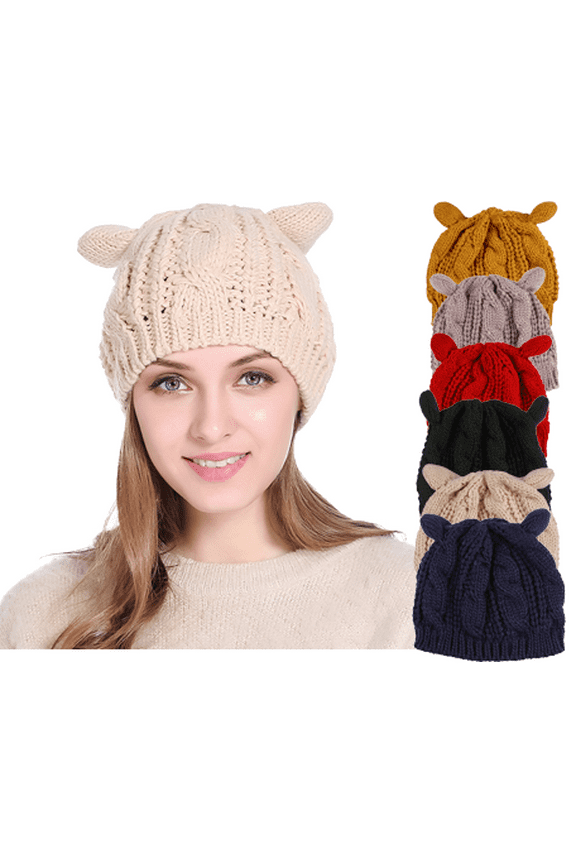 Women Winter Beanie Devil Horns Cat Ear Crochet Braided Knit Ski Wool Cap Hat