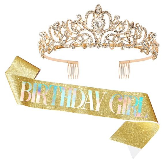 Yoyauz Women's Birthday Crown & Belt Queen Crystal Crown Rhinestone Hair Band Set Happy Party Decoration Accessories Girls Princess Gift Set