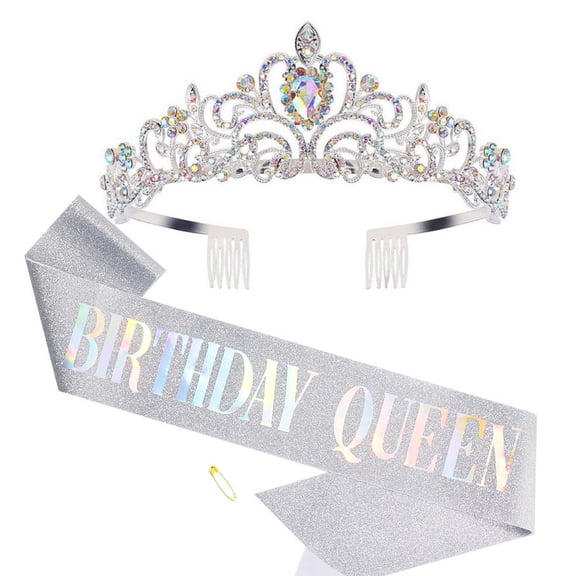 Yoyauz Women's Birthday Crown & Belt Queen Crystal Crown Rhinestone Hair Band Set Happy Party Decoration Accessories Girls Princess Gift Set