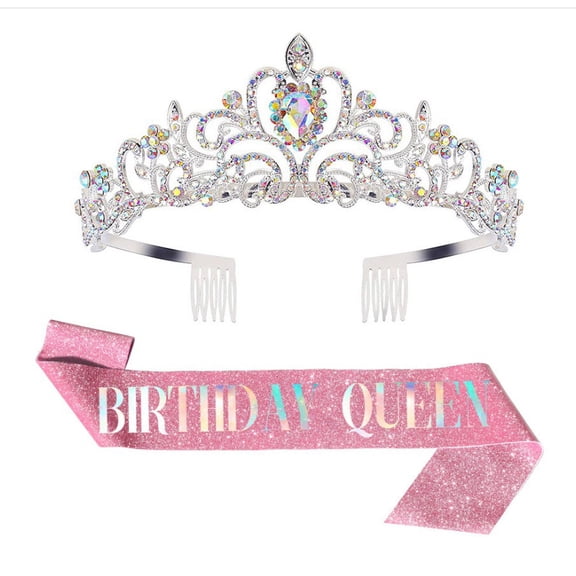 Yoyauz Women's Birthday Crown & Belt Queen Crystal Crown Rhinestone Hair Band Set Happy Party Decoration Accessories Girls Princess Gift Set
