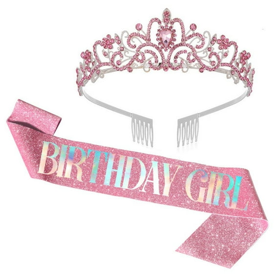 Yoyauz Women's Birthday Crown & Belt Queen Crystal Crown Rhinestone Hair Band Set Happy Party Decoration Accessories Girls Princess Gift Set