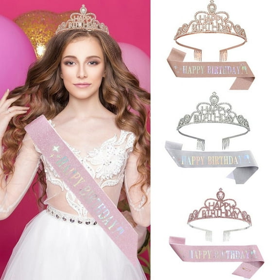Yoyauz Women's Birthday Crown & Belt Queen Crystal Crown Rhinestone Hair Band Set Happy Party Decoration Accessories Girls Princess Gift Set