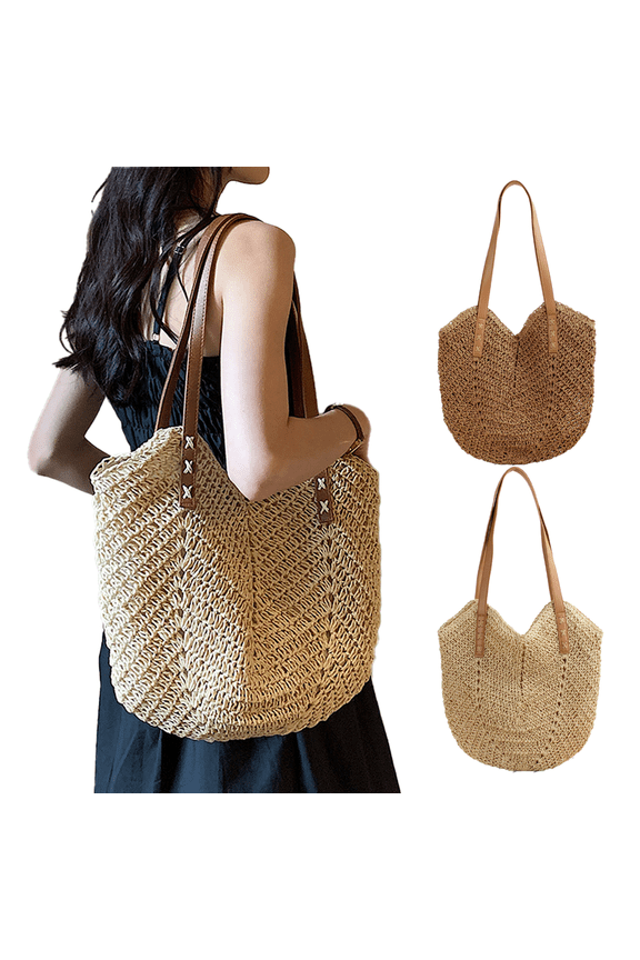 Women's Grass Woven Beach Bag - Women's Beach Handmade Woven Handbag, Summer Mesh Hollow Shoulder Bag, Suitable for Holidays